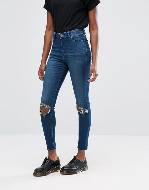 Asos - Ridley - Jeans Skinny A Vita Alta Lavaggio Mogano Scuro Stone Wash Con Strappi Alle Ginocchia - Blu