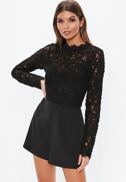 Black Cornelli Lace Long Sleeve Playsuit, Black