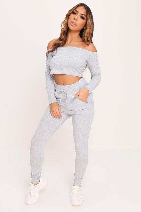 Light Grey Bardot Knitted Loungewear Set , Grey