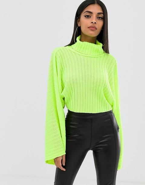 Boohoo - Maglione Dolcevita Corto Verde Fluo Con Maniche Ampie - Giallo