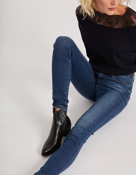 Jeans Coupe Ajustée Taille Haute Usé Jean Stone Femme