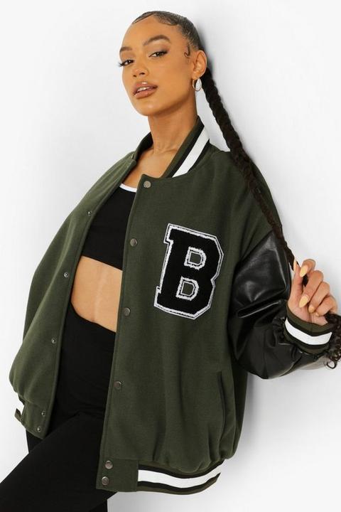 Womens Contrast Sleeve B Varsity Jacket - Green - 14, Green