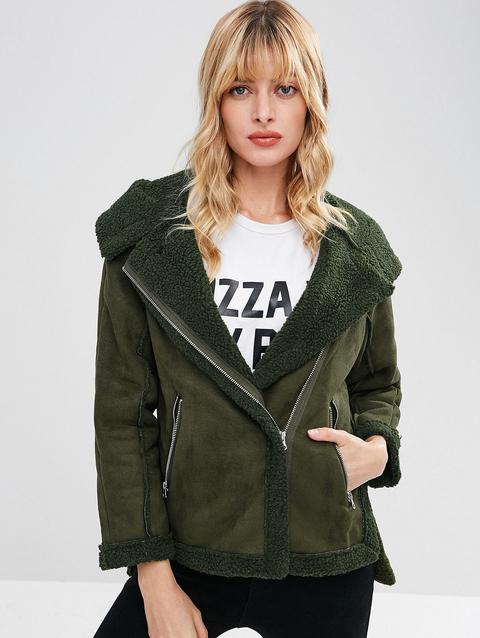 Giacca In Pelle Di Montone Con Cerniera E Cappuccio Army Green