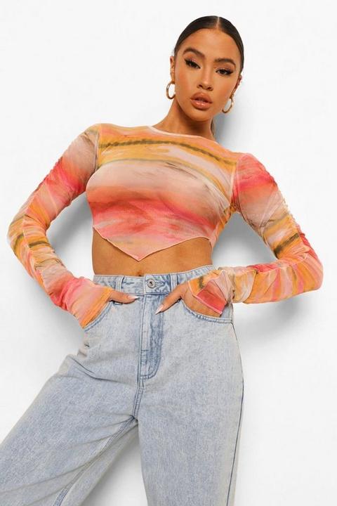 Womens Printed Ruched Sleeve Mesh Crop Top - Pink - 8, Pink