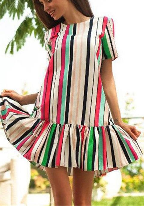 Mini Abito Fodera A Righe Girocollo Maniche Corte Moda Bianco