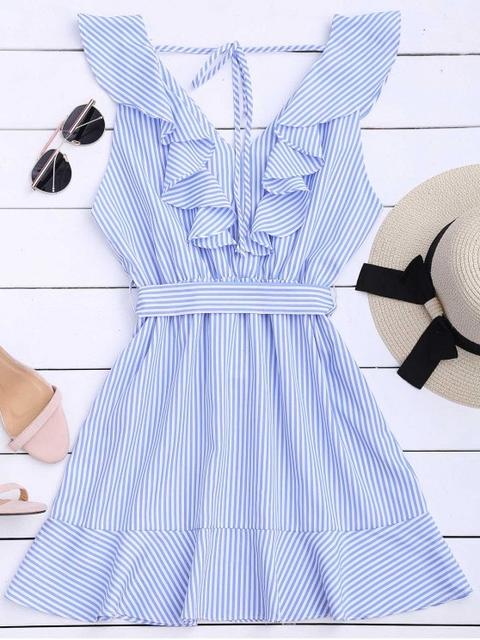 Ruffle Hem Striped Belted Dress