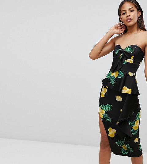 Vestido Ajustado Midi Con Escote Palabra De Honor Y Estampado De Limones De Asos Design Tall-multicolor