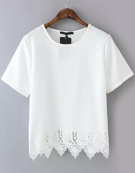 White Short Sleeve Lace Hem Chiffon T-shirt