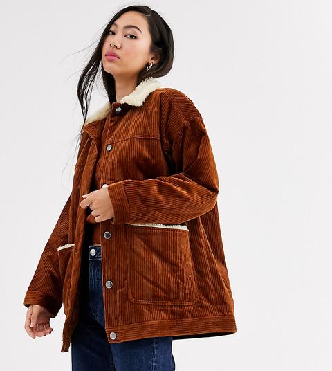 Monki - Veste En Velours Côtelé Avec Col Imitation Peau De Mouton - Marron-noir