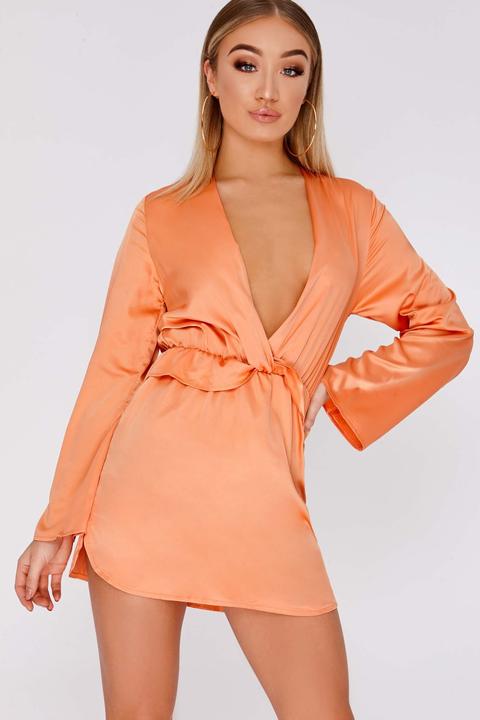 Orange Dresses - Cazzy Orange Satin Plunge Frill Dress