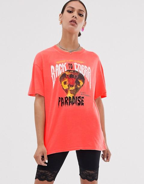 Bershka – Cobra – T-shirt In Orange Mit Paradies-motiv