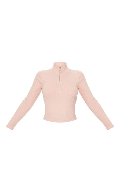 Dusty Pink Rib High Neck Half Zip Underbust Top
