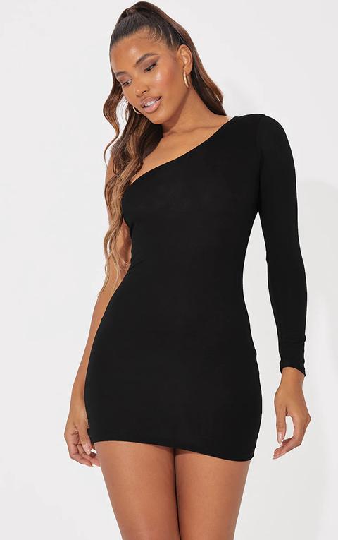 Black One Shoulder Long Sleeve Bodycon Dress