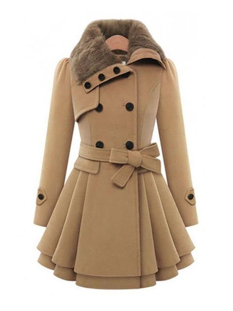 Cappotto Pianura Cintura Pulsanti Di Pelliccia Colletto Couverture Moda Lana Doppia Peplum Petto Cammello
