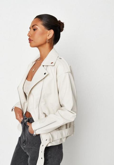 Oversized Boyfriend Belted Biker Jacket, Cream