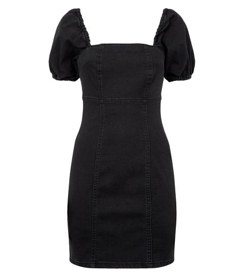 Black Denim Square Neck Puff Sleeve Dress New Look