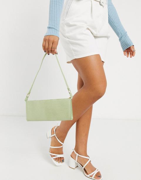 Asos Design Flat Elongated 90s Shoulder Bag In Pistachio Green Snake