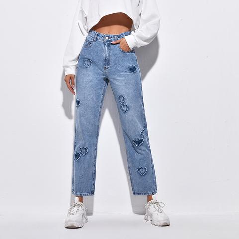 High Waist Heart Patch Straight Jeans