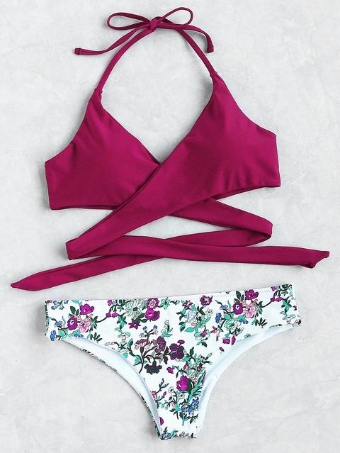 Sets De Bikini Cruzado De Espalda Abierta Con Estampado Floral