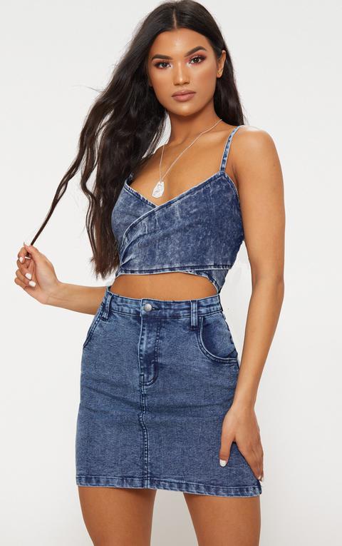 Blue Acid Wash Wrap Denim Bralet