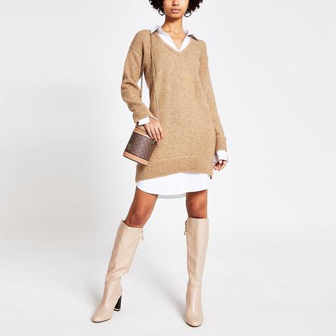 Brown Knitted Long Sleeve Jumper Shirt Dress