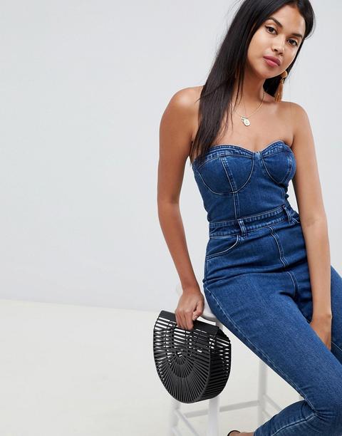 Asos Design - Tuta Lunga Di Jeans Con Corpino - Blu