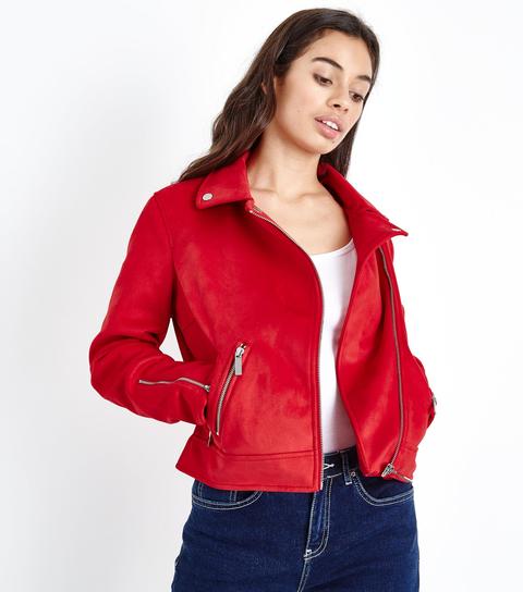 Petite Red Suedette Biker Jacket New Look