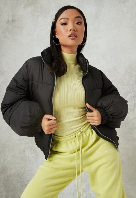 Black Balloon Sleeve Puffer Jacket, Black