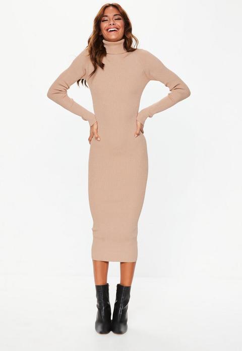 Tall Tan Roll Neck Ribbed Knitted Midi Dress, Taupe