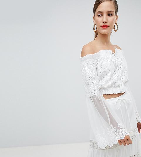 River Island - Top Corto Con Maniche In Pizzo - Crema