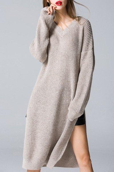 Side Slit V Neck Sweater Dress