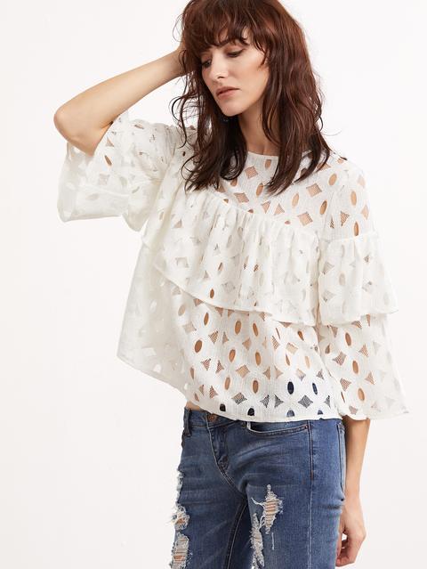 Hollow Out 3/4 Sleeve Layered Ruffle Lace Top