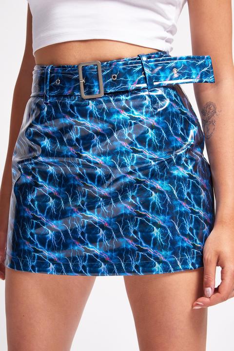 Lightning Print Pu Mini Skirt