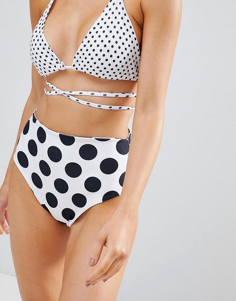 Prettylittlething - Gepunktete Bikinihose Mit Hohem Bund - Weiß