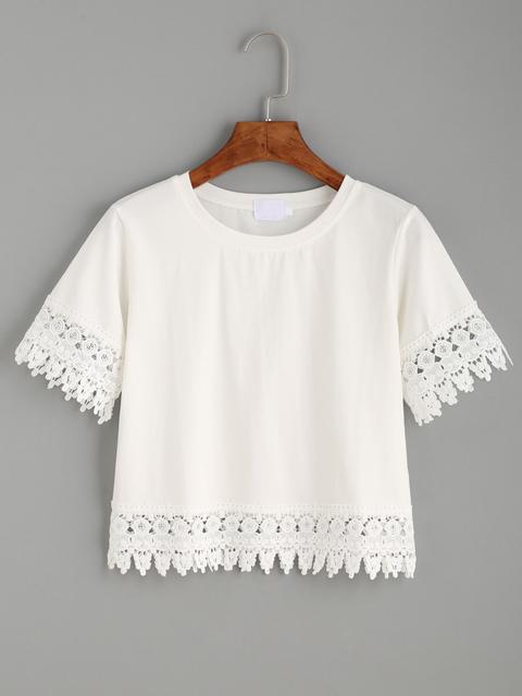 White Crochet Trim Crop T-shirt