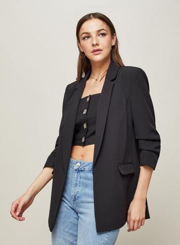 Womens Black Ruche Sleeve Blazer, Black