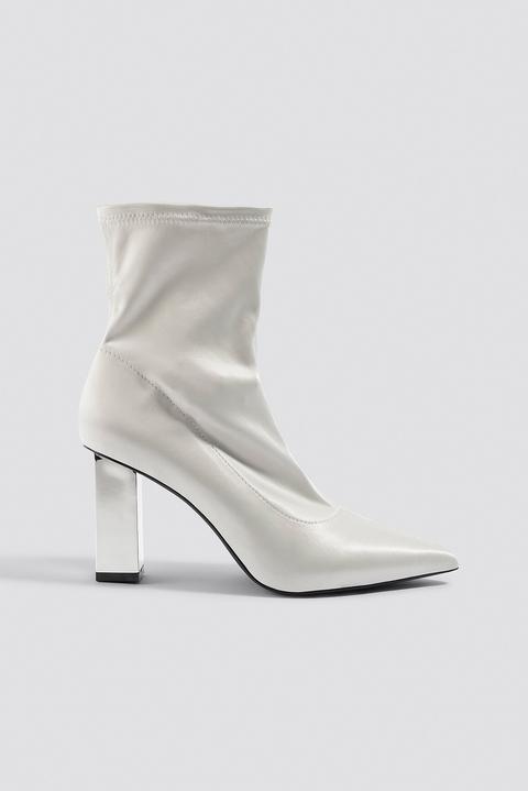 Metallic Block Heel Sock Boots White