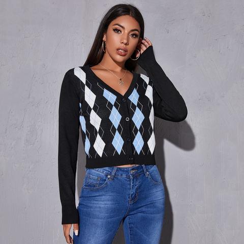 V-neck Argyle Pattern Cardigan