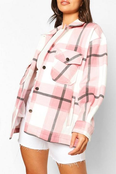 Womens Petite Check Shacket - Pink - S, Pink