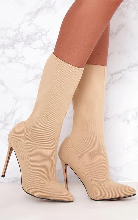 Nude Woven Sock Heeled Boots, Pink