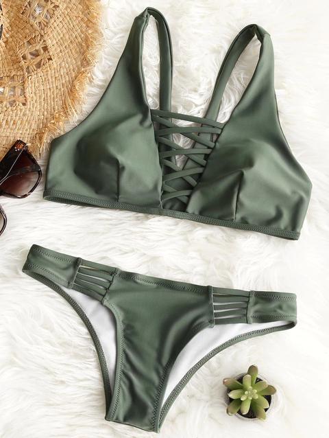 Costume Da Bagno Imbottito Con Lacci Frontali Army Green