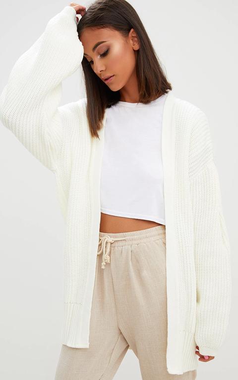 Cream Chunky Long Line Knitted Cardigan, White