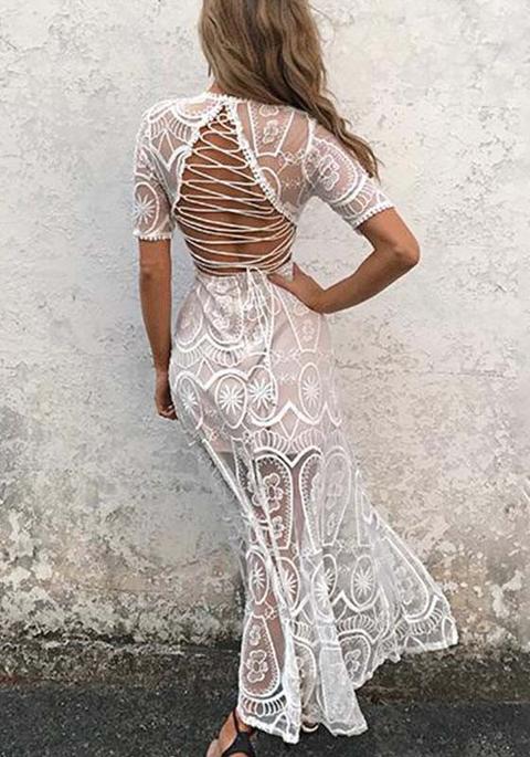 Maxi Abito Coulisse Pizzo Con Spacco Sul Davanti E Profondo V-collo Costumi Da Bagno Bohémien Bianco