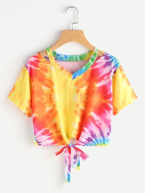 Cut Out Neck Water Color Knot Front Tee