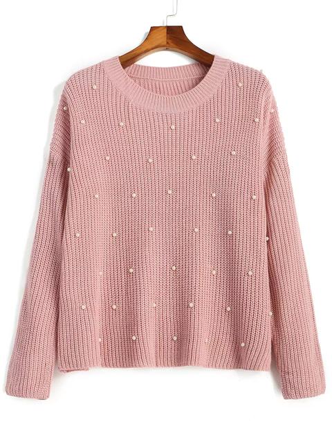 Maglione Pullover Plus Size Decorato Con Perle Finte Pink