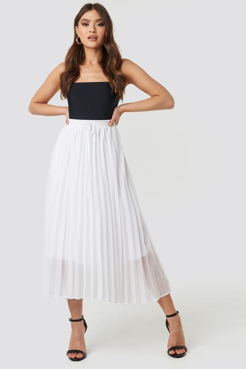 Drawcord Pleated Midi Skirt Weiß