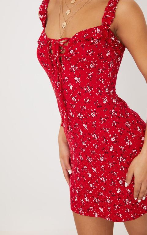 red ditsy floral print frill detail shift dress