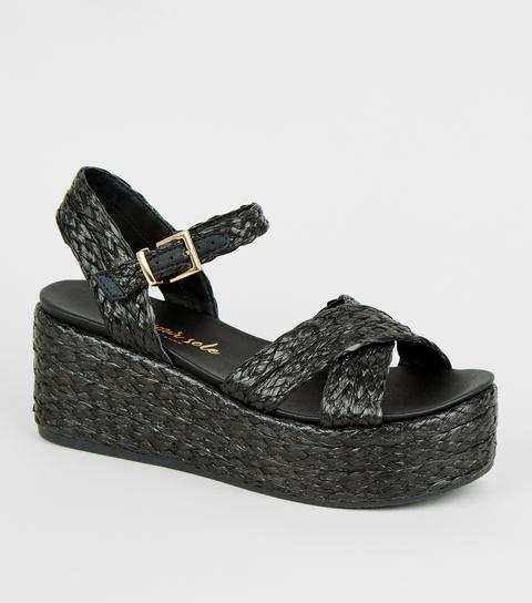 Black Woven Raffia Flatform Footbed Sandals New Look Vegan