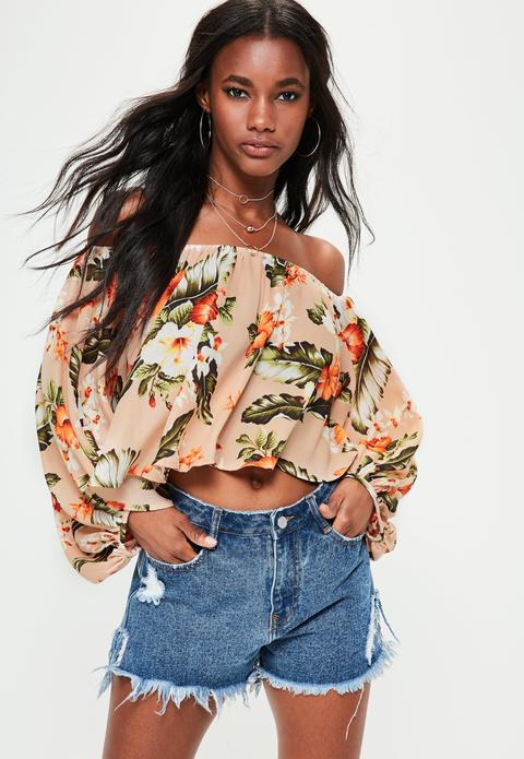 Orange Floral Print Bardot Top