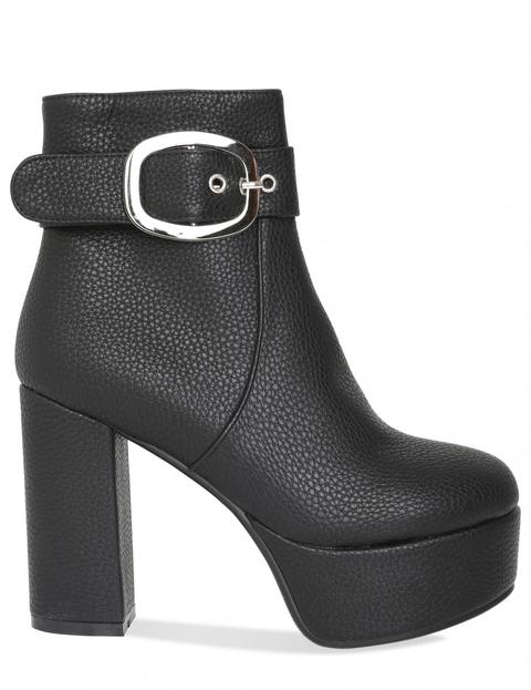 Buggin' Buckle Detail Platform Heeled Ankle Boots In Black Textured Pu